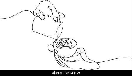 il barista versa a mano la schiuma di latte per preparare il caffè a forma di cuore di tulipano latte art primo piano di una linea continua disegnando un'illustrazione artistica minimalista Illustrazione Vettoriale