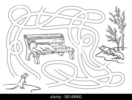 Aiuta un topo a passare il gatto inosservato. Labirinto disegnato a mano in bianco e nero. Delineare l'illustrazione di path-finding per l'apprendimento o la colorazione. Foglio di lavoro didattico Illustrazione Vettoriale