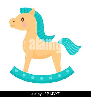 Simpatico giocattolo cartoni animati, cavallo a dondolo con criniera e coda turchesi. Ideale per progetti per bambini, giocattoli o progetti divertenti Illustrazione Vettoriale