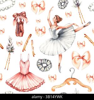 Ballerina acquerello con motivo senza cuciture, ballerine e accessori. Ballerine, scarpe pointe, costumi da balletto per la progettazione di inviti, biglietti, etichette Foto Stock