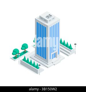 grattacielo vettoriale isometrico e alberi, di colore su sfondo bianco, edifici cittadini Illustrazione Vettoriale