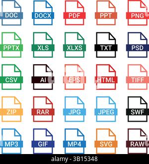 I formati file digitali più diffusi con codifica a colori o la raccolta di tipi di file vettoriali con DOC, PDF, DOCX, PPT, PPTX, XLS, XLSX, TXT, CSV, ISO, RTF, HTML, JPEG Illustrazione Vettoriale