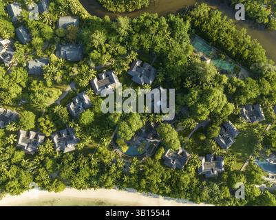Vista aerea, seychellen, Mahe, Port Glaud e Port launay Beach, Port Glaud, Seychellen Foto Stock