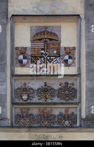 Stemma sulla Pleinfelder Tor, la più antica porta delle fortificazioni cittadine costruita intorno al 1660, Ellingen, Media Franconia, Baviera, Germania, Europa Foto Stock