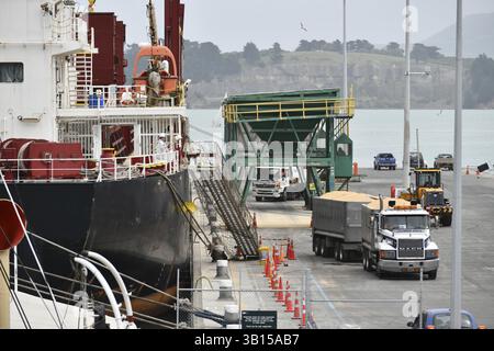 LYTTLETON, NUOVA ZELANDA, 21 NOVEMBRE 2019: I camion trasportano il carico dal Powan (IMO: 9721578, MMSI 477027600), una nave da carico costruita nel 2016 e curr Foto Stock