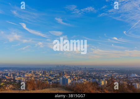 Los Angeles, California - 3 dicembre 2024: La vista panoramica dal Runyon Canyon Park cattura l'immenso paesaggio urbano di Los Angeles sotto un'aria limpida Foto Stock