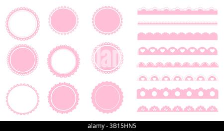 Bordo rosa smerlato semplice e grazioso divisorio con decorazioni a forma di cuore e puntini, isolate su sfondo bianco. . Illustrazione vettoriale Illustrazione Vettoriale