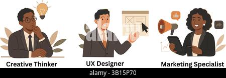 Flat Vector illustrazione di Creative Thinker, UX Designer e Marketing Specialist che collaborano in un ufficio moderno Illustrazione Vettoriale