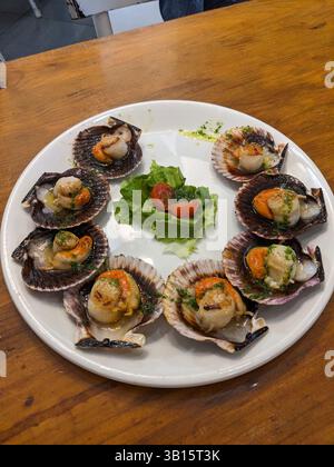 Un piatto splendidamente presentato di capesante cotte, guarnite con erbe aromatiche e servite con pomodori freschi, pronti da gustare. Foto Stock