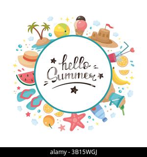 Cornice rotonda estiva disegnata a mano, spazio copia. Buongiorno Lettering estivo. Cornice circolare per le vacanze estive al mare a Doodle. Illustrazione della festa in spiaggia. Elementi dell'ora legale. Illustrazione vettoriale cartoni animati. Design piatto. Illustrazione Vettoriale