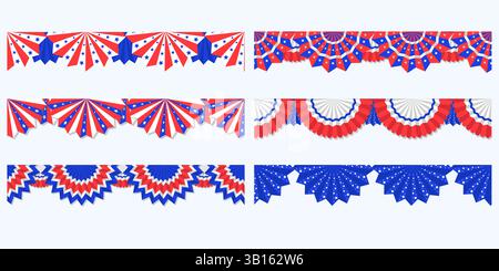 Set di elementi decorativi per rosetta e bunting americano. Bordo senza cuciture per decorare i giorni dell'indipendenza Illustrazione Vettoriale
