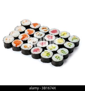 set di sushi con involtini di pesce e gamberi Foto Stock