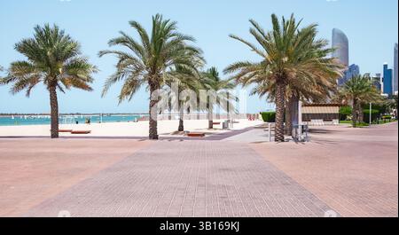 Palme con passaggio pedonale che conduce alla spiaggia con cielo azzurro. Passeggiata con sentiero in mattoni rossi che conduce alla spiaggia di sabbia bianca. Foto di viaggio, Summer Foto Stock