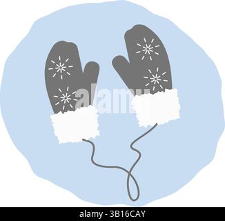 Guanti in pelliccia calda con decorazioni a fiocchi di neve su corda in scala di grigi etichetta etichetta etichetta Design idea. Illustrazione vettoriale isolata schede tematiche icona Logo Branding, cartellino prezzi o opuscoli promozionali, stampa Illustrazione Vettoriale