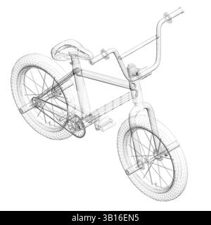 Una bicicletta è mostrata in un disegno bianco e nero. La moto è capovolta e ha un telaio piegato. Il disegno trasmette un senso di movimento ed energia. Isome Illustrazione Vettoriale