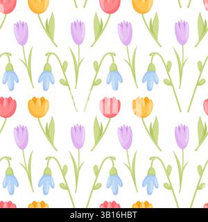 Motivo floreale primaverile senza cuciture in stile cartoni animati. Disegno di fondo con tulipani e gigli della valle. Illustrazione Vettoriale