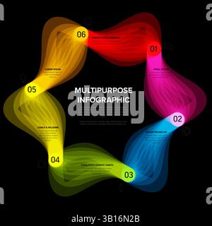 Un'infografica multifunzione brillante con sei segmenti in colori sfumati su sfondo nero, che incorpora icone, segnaposto di testo e un design ondulato Illustrazione Vettoriale