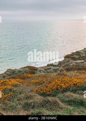 Hengistbury Head Beach al tramonto - Golden Hour Coastal Landscape nel Dorset, Inghilterra Foto Stock
