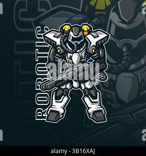 design del logo della mascotte robotizzata vettoriale con design moderno per la stampa di badge, emblemi e t shirt. illustrazione del robot di azione. Illustrazione Vettoriale