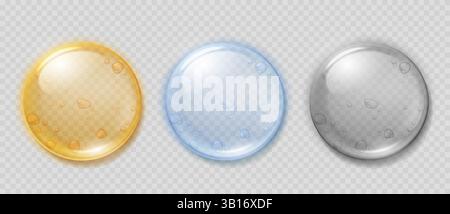 Gel sierico. Gel di collagene gocce realistiche trasparenti, siero cosmetico o goccioline di olio, sfere liquide di ialurone trasparente gialle e blu. Set 3d vettoriale di prodotti per la cura della pelle. Illustrazione Vettoriale