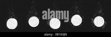 Pillole frizzy. Compresse solubili in 3D con bolle d'aria, pillola effervescente in acqua. Aspirina o antidolorifici vitaminici e bolle d'aria frizzante. Set isolato vettoriale. Illustrazione Vettoriale