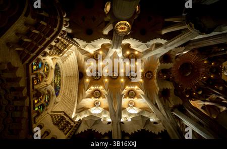 Una splendida vista del soffitto di una grande cattedrale, con intricati dettagli architettonici, vetrate colorate e motivi ornamentali. Foto Stock