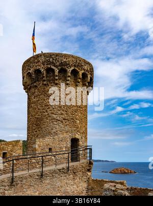 Una storica torre di pietra che si affaccia sul mare, con una bandiera che sventola in cima. La torre presenta una struttura rotonda ed e' circondata da una panoramica costa Foto Stock