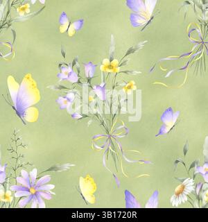 Fiori selvatici, fiori di campanello, bocconcino e prato in mazzi di fiocco legato e farfalle. Motivo ad acquerello floreale senza cuciture su verde. Mano dr Foto Stock