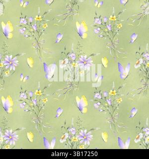 Fiori selvatici, fiori di campanello, bocconcino e prato in mazzi di fiocco legato e farfalle. Motivo ad acquerello senza cuciture su verde. Mano dr Foto Stock