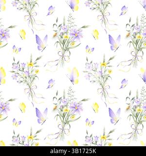 Motivo floreale senza cuciture con farfalle e mazzi di fiori selvatici acquerelli, camomilla e prati prati con fiocco legato. Ho disegnato a mano Foto Stock