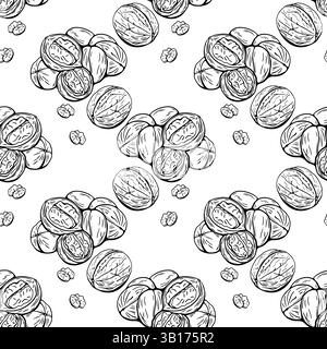 Noci vettoriali e chicchi disegnati a mano in bianco e nero senza cuciture, ideali per il confezionamento o la colorazione Illustrazione Vettoriale
