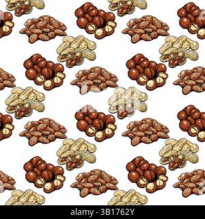 Motivo caratterizzato da un mix realistico di macadamia, arachidi e noci di mandorla in colori caldi per il design e gli sfondi del cibo Illustrazione Vettoriale