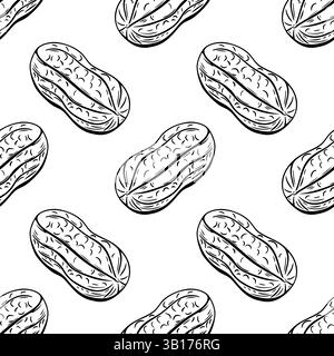 Conchiglie di arachidi trafilate a mano in un motivo senza cuciture bianco e nero adatte per colorare pagine o illustrazioni rustiche di alimenti Illustrazione Vettoriale