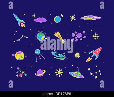 Esplorazione spaziale, set di scarabocchi colorati Illustrazione Vettoriale