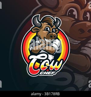 design vettoriale con logo della mascotte della mucca con design moderno per la stampa di badge, emblemi e t shirt. illustrazione cuoco mucca. Illustrazione Vettoriale
