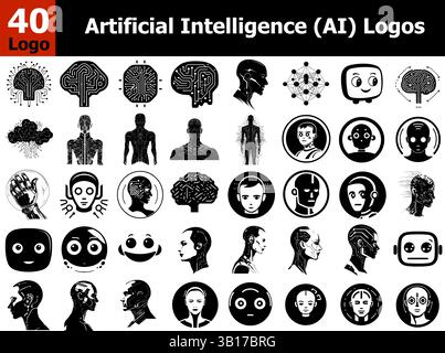 40 Logo di intelligenza artificiale (ai) – robot futuristico e icona Brain Vector in stile nero Illustrazione Vettoriale