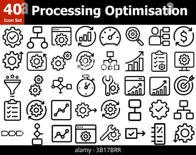 40 icone di ottimizzazione dell'elaborazione - Set vettoriale stile linea per flusso di lavoro, automazione e analisi dei dati Illustrazione Vettoriale