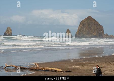 CANNON BEACH, OREGON, USA - 12 aprile 2025: I visitatori camminano lungo le spiagge sabbiose di Cannon Beach sotto un cielo nuvoloso, con l'iconica Haystack Rock in piedi. Foto Stock