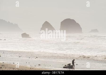 CANNON BEACH, OREGON, USA - 12 aprile 2025: I visitatori camminano lungo le spiagge sabbiose di Cannon Beach sotto un cielo nuvoloso, con l'iconica Haystack Rock in piedi. Foto Stock
