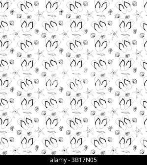 Infradito, conchiglie e stelle marine senza cuciture. Inchiostro grafico vettoriale a linee illustrazione estiva disegnata a mano per sfondo e sfondo. pacchetto, vacati Illustrazione Vettoriale