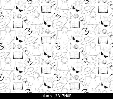 outfit da spiaggia con motivo senza cuciture. Immagine grafica vettoriale di libri, occhiali da sole, borsa, conchiglie, crema solare. sfondo per striscioni, Illustrazione Vettoriale