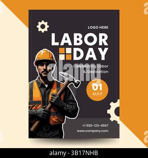 Poster della Festa del lavoro con un'illustrazione di un operaio edile, che celebra il 1° maggio con un layout moderno, icone degli attrezzi e colori forti. Illustrazione Vettoriale