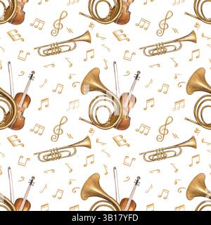 Strumenti di musica classica e note musicali dorate sfondo isolato con motivo senza cuciture. Violino acquerello con arco, tromba, corno francese, vernice a mano Foto Stock