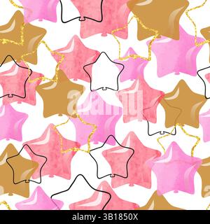 Palloncini rosa acquerello e a forma di stella dorata motivo senza cuciture. Illustrazione della celebrazione vettoriale Illustrazione Vettoriale