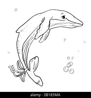 Balene e bolle d'aria, disegnare con inchiostro bianco e nero. Illustrazione vettoriale. Mammifero marino dall'oceano, con prua sulla coda, isolato su fondo bianco Illustrazione Vettoriale