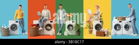 Collage di giovane uomo con moderna lavatrice su sfondo colorato Foto Stock