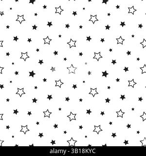 Motivo a stella senza cuciture. Stelle nere ripetute isolate su sfondo bianco. Stampe semplici ripetute per il design. Reticolo monocromatico astratto. Ripetere la stella Illustrazione Vettoriale
