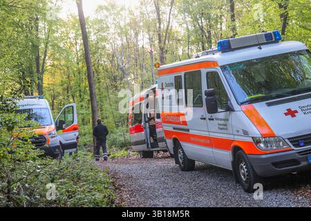 Große Suchaktion mit zahlreichen Rettungshunden aus ganz NRW Großeinsatz am Freitagabend gegen 18 Uhr in einem Waldgebiet zwischen Wuppertal-Cronenberg und Remscheid-Hasten Ein Zeuge hatte zuvor einen älteren, offensichtlich verwirrten, Herrn gemeldet, welcher auf Ansprache zuvatte reitert reichtert. Weil die Polizei mit Streifenwagen und auch mit einem Polizeihubschrauber den Mann nicht finden konnte alarmierten die Beamten am Freitagabend die Hilfsorganizationen Deutsches Rotes Kreuz und Johanniter Unfallhilfe, welche mit einem Großaufgebot von Rettungshunden aus dem ganzen Land anrückten. Die su Foto Stock