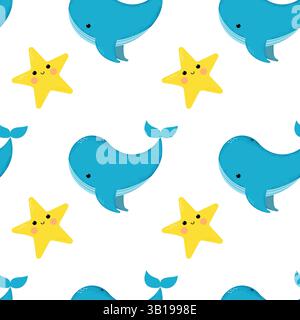 Motivo senza cuciture con balena e stelle. Carini cartoni animati. Illustrazione Vettoriale