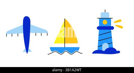 Set di elementi da viaggio. Elementi per le vacanze estive. Illustrazione Vettoriale
